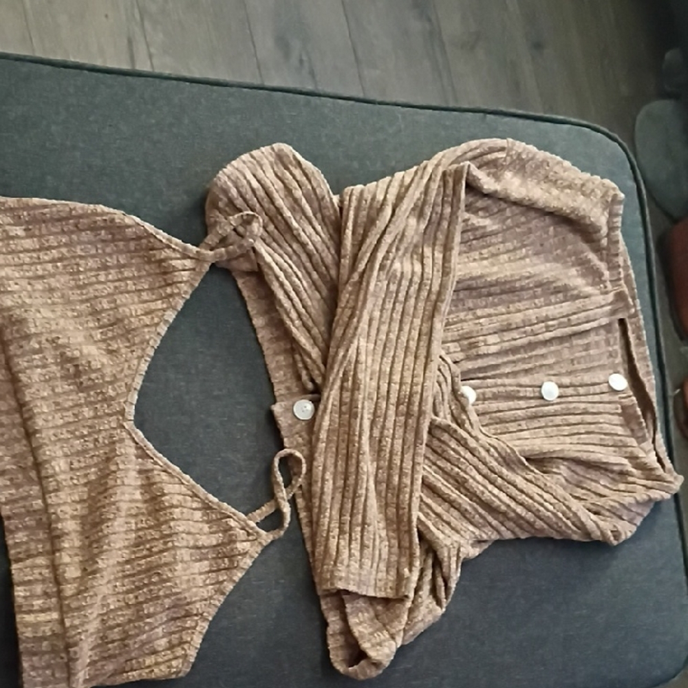 SHEIN Taupe Ribbed Button-Front Knit Top & Matching Bralette Set